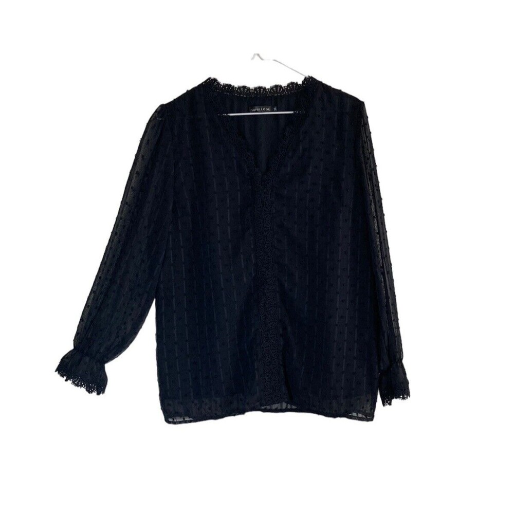 Suprelook Womens Blouse M Black Chiffon Crocheted Lace Semi Sheer Fairy Goth